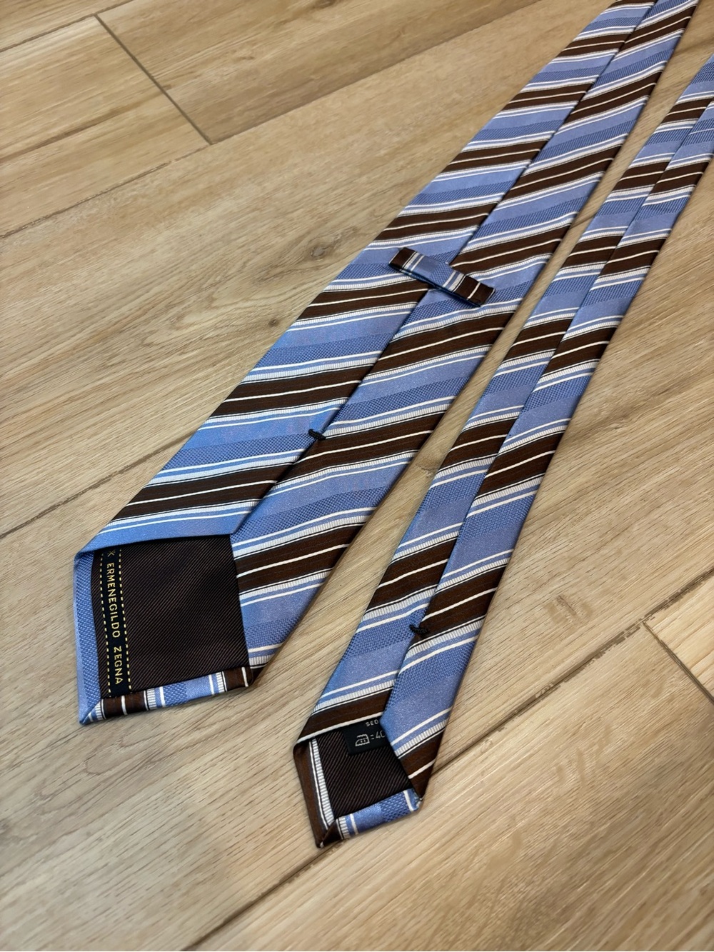 Ermenegildo Zegna Silk Tie Mens Blue Brown Silver Repp Stripe Tie 59x3.75”